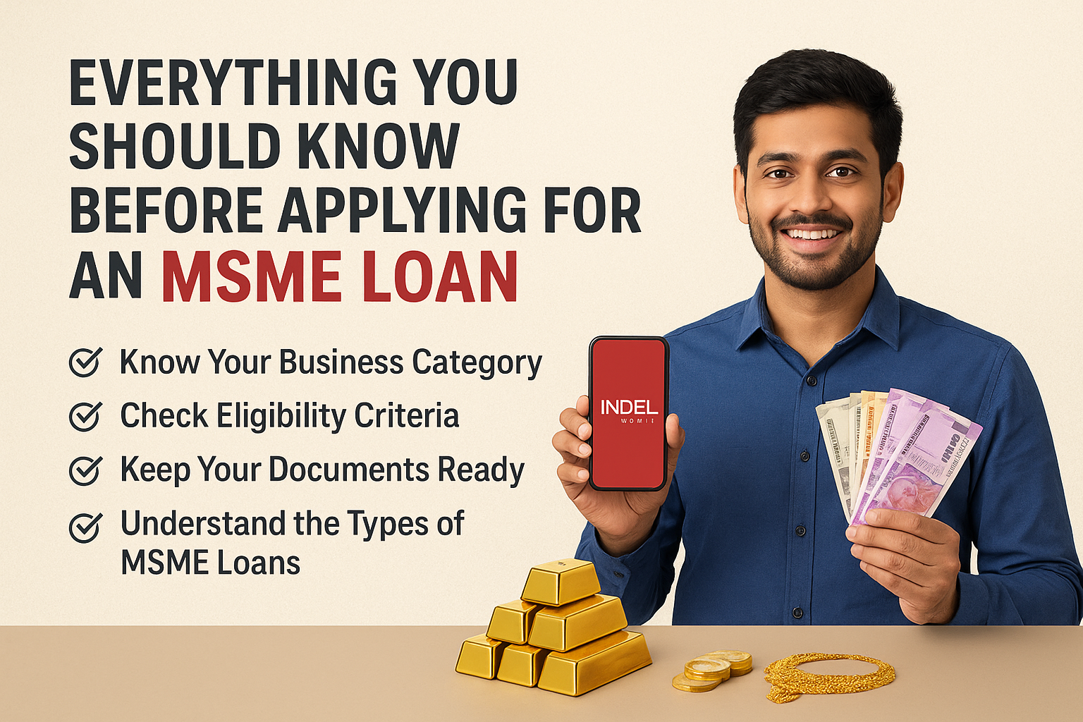 Everything You Should Know Before Applying for an MSME Loan A smiling man holding Indian currency and a phone displaying the Indel Money app, next to gold bars and coins, with text highlighting key points to know before applying for an MSME loan.