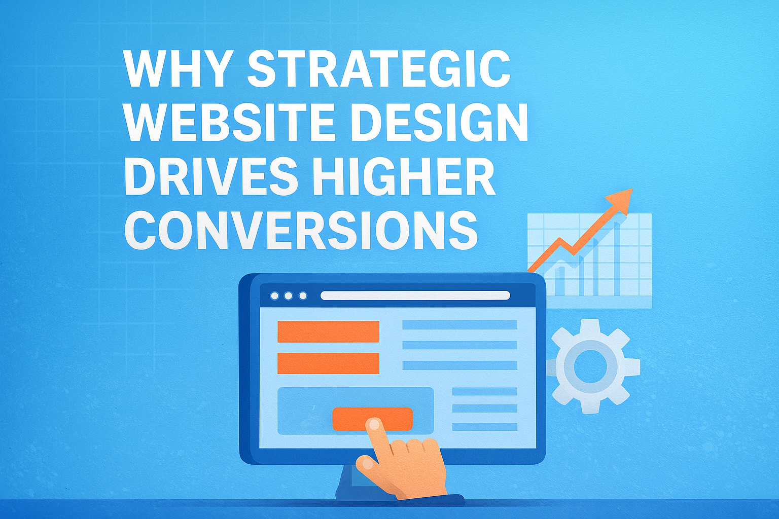 Flat-style digital illustration showing a computer screen with a CTA button being clicked, surrounded by charts, a gear icon, and the bold title “Why Strategic Website Design Drives Higher Conversions” on a blue gradient background.