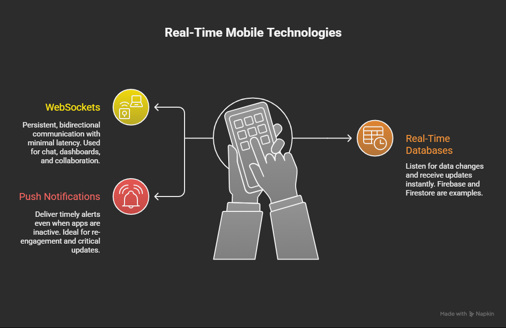 Diagram showing real-time mobile technologies including WebSockets for bidirectional communication, push notifications for alerts, and real-time databases like Firebase and Firestore for instant data updates in mobile apps